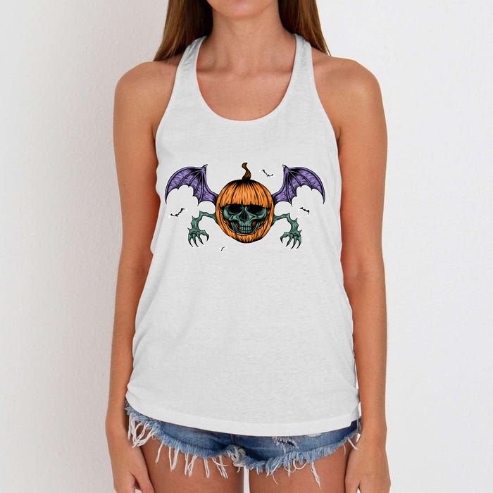 Jack O Lantern Creepy Skull Bat Halloween Women's Knotted Racerback Tank