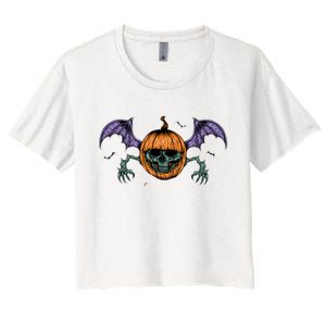 Jack O Lantern Creepy Skull Bat Halloween Women's Crop Top Tee