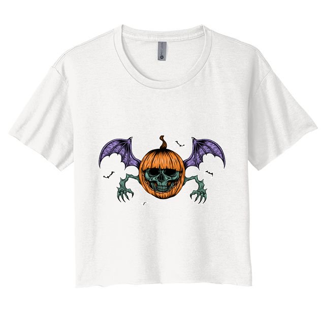 Jack O Lantern Creepy Skull Bat Halloween Crop Top
