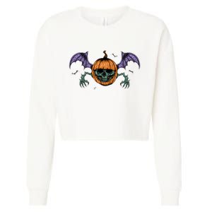 Jack O Lantern Creepy Skull Bat Halloween Cropped Pullover Crew