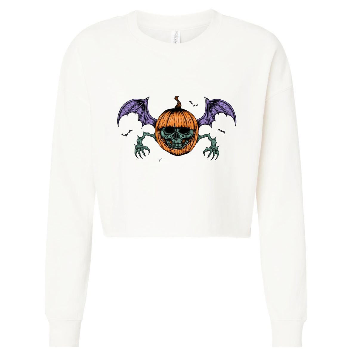 Jack O Lantern Creepy Skull Bat Halloween Cropped Pullover Crew