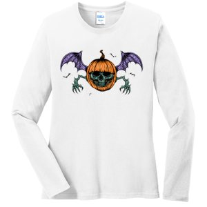 Jack O Lantern Creepy Skull Bat Halloween Ladies Long Sleeve Shirt