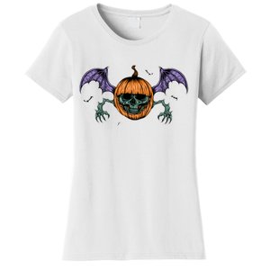 Jack O Lantern Creepy Skull Bat Halloween Women's T-Shirt