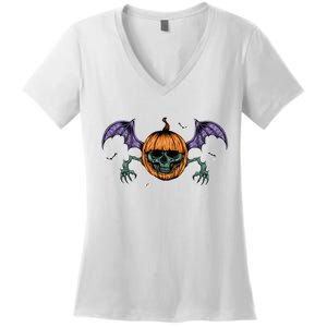 Jack O Lantern Creepy Skull Bat Halloween Women's V-Neck T-Shirt