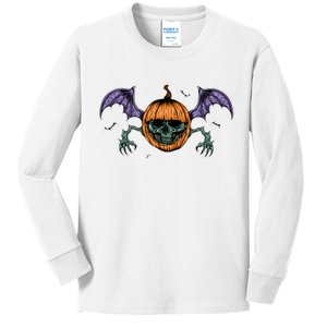 Jack O Lantern Creepy Skull Bat Halloween Kids Long Sleeve Shirt