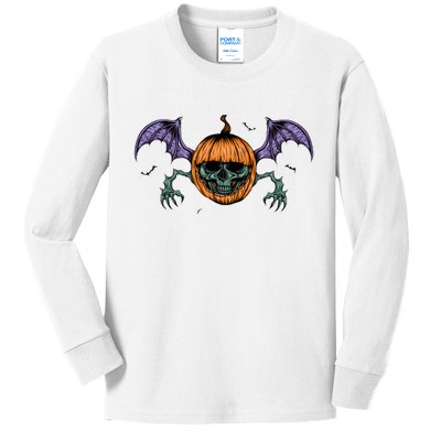 Jack O Lantern Creepy Skull Bat Halloween Kids Long Sleeve Shirt