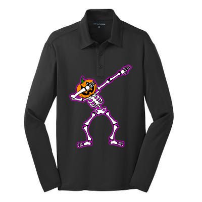 Jack O Lantern Dabbing Pumpkin Halloween Dab Skeleton Gift Silk Touch Performance Long Sleeve Polo