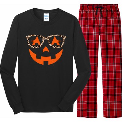 Jack O Lantern With Glasses Gift Halloween Leopard Gift Long Sleeve Pajama Set