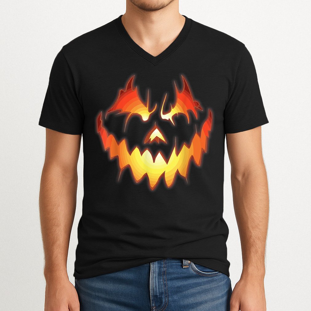 Jack O Lantern Scary Pumpkin Face Funny Halloween V-Neck T-Shirt
