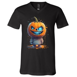 Jack O Lantern Face Pumpkin Hallowen Costume Scary V-Neck T-Shirt