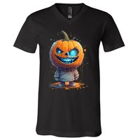 Jack O Lantern Face Pumpkin Hallowen Costume Scary V-Neck T-Shirt