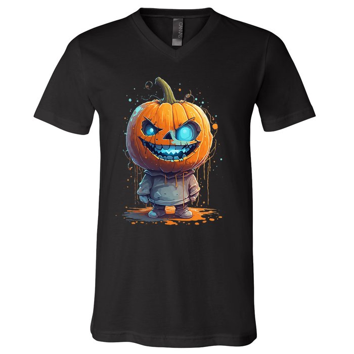 Jack O Lantern Face Pumpkin Hallowen Costume Scary V-Neck T-Shirt