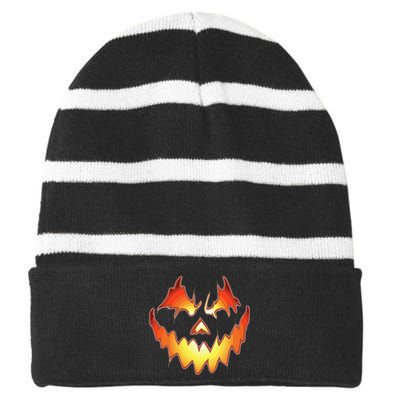 Jack O Lantern Scary Pumpkin Face Funny Halloween Striped Beanie with Solid Band