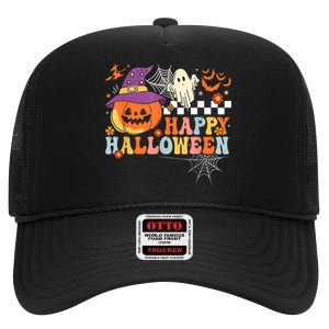 Jack O Lantern Pumpkin Boo Happy Halloween Costume High Crown Mesh Back Trucker Hat