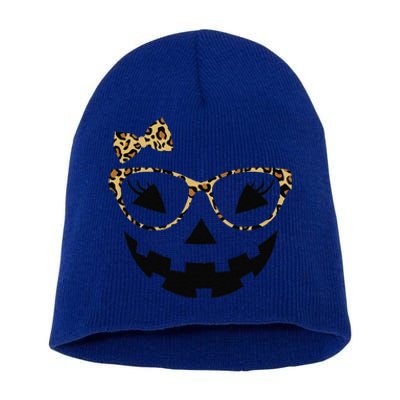 Jack O Lantern Face Leopard Glasses Halloween Pumpkin Funny Short Acrylic Beanie