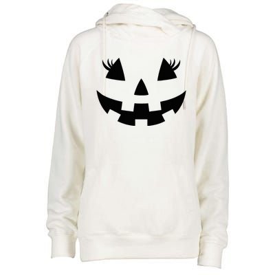 Jack O Lantern Face Pumpkin Eyelashes Hallowen Womens Funnel Neck Pullover Hood