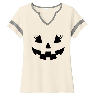 Jack O Lantern Face Pumpkin Eyelashes Hallowen Ladies Halftime Notch Neck Tee