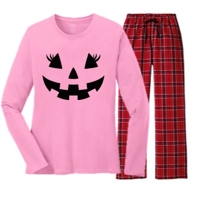 Jack O Lantern Face Pumpkin Eyelashes Hallowen Women's Long Sleeve Flannel Pajama Set 