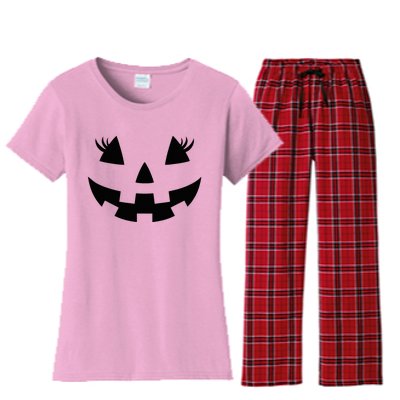 Jack O Lantern Face Pumpkin Eyelashes Hallowen Women's Flannel Pajama Set