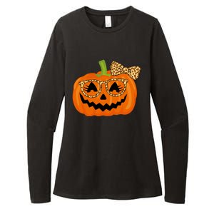 Jack O Lantern Face Pumpkin Halloween Leopard Print Glasses Gift Womens CVC Long Sleeve Shirt