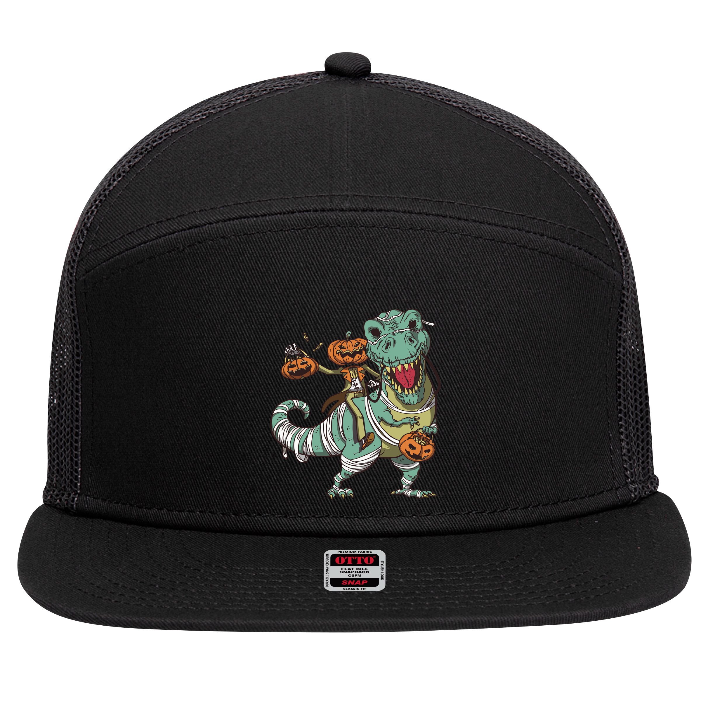 Jack O Lantern Riding T Rex 7 Panel Mesh Trucker Snapback Hat