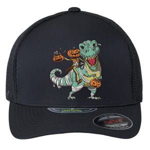 Jack O Lantern Riding T Rex Flexfit Unipanel Trucker Cap