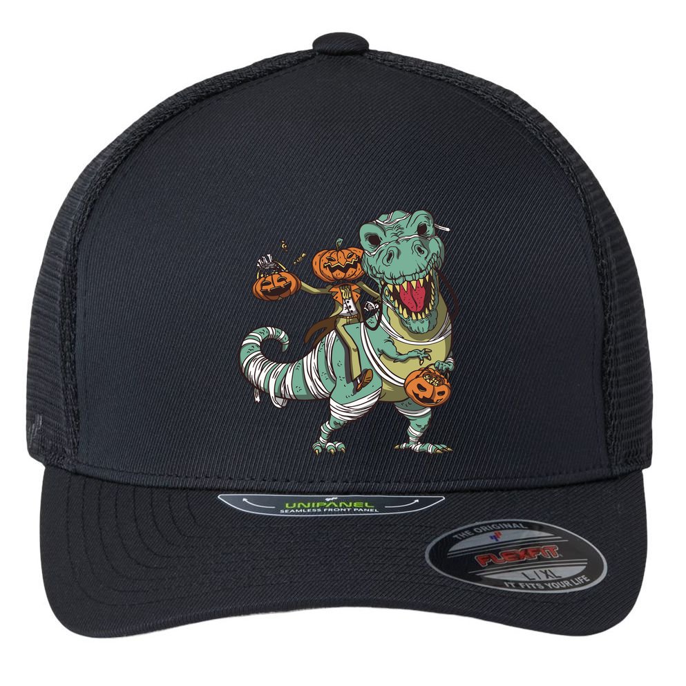 Jack O Lantern Riding T Rex Flexfit Unipanel Trucker Cap