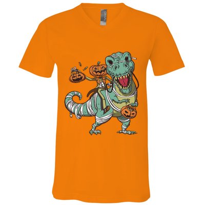 Jack O Lantern Riding T Rex V-Neck T-Shirt