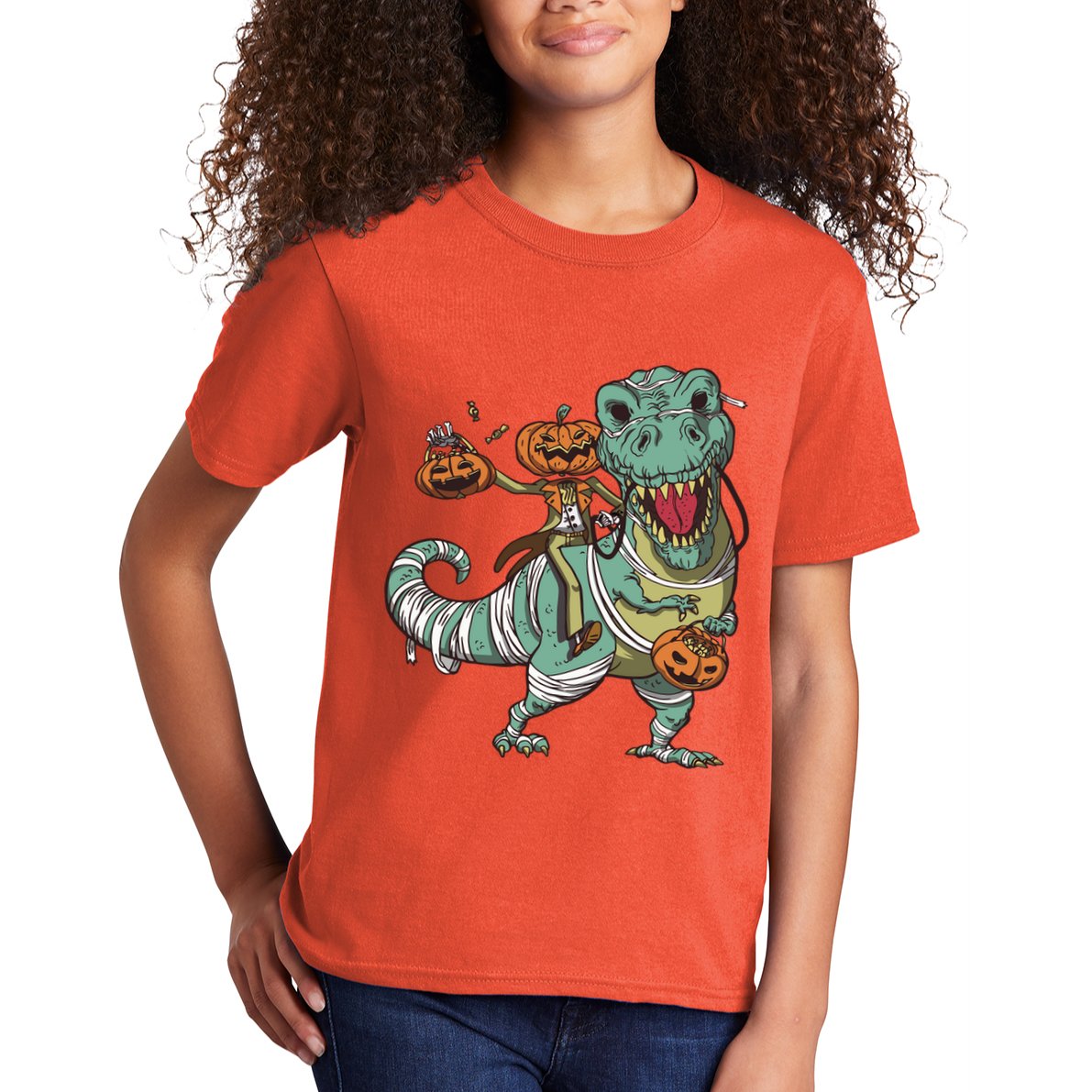 Jack O Lantern Riding T Rex Kids T-Shirt