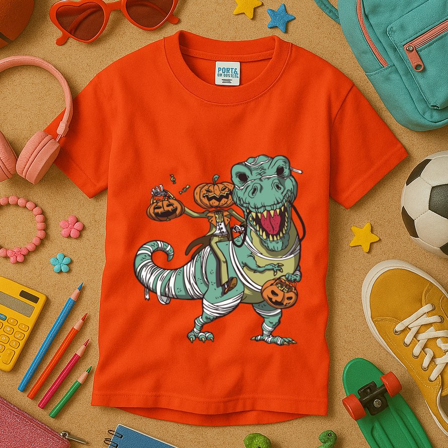 Jack O Lantern Riding T Rex Kids T-Shirt