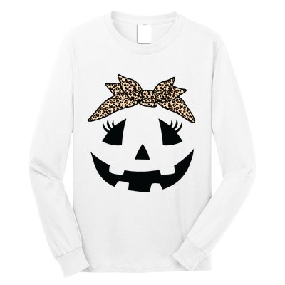 Jack O Lantern Pumpkin Leopard Face For Girl Halloween Long Sleeve Shirt