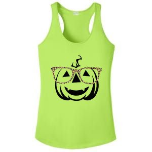 Jack O Lantern Face Pumpkin Halloween Leopard Print Glasses Ladies PosiCharge Competitor Racerback Tank