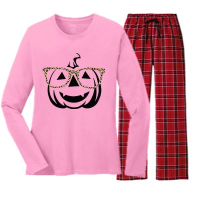 Jack O Lantern Face Pumpkin Halloween Leopard Print Glasses Women's Long Sleeve Flannel Pajama Set 