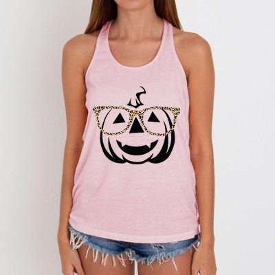 Jack O Lantern Face Pumpkin Halloween Leopard Print Glasses Women's Knotted Racerback Tank