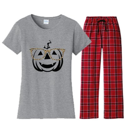 Jack O Lantern Face Pumpkin Halloween Leopard Print Glasses Women's Flannel Pajama Set