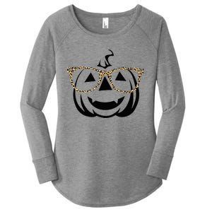 Jack O Lantern Face Pumpkin Halloween Leopard Print Glasses Women's Perfect Tri Tunic Long Sleeve Shirt