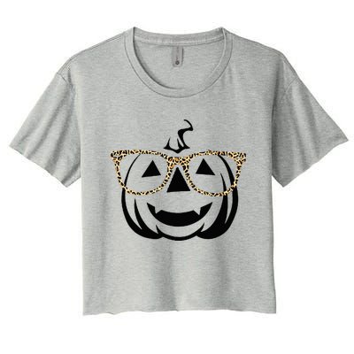 Jack O Lantern Face Pumpkin Halloween Leopard Print Glasses Women's Crop Top Tee