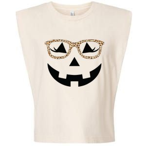 Jack O Lantern With Glasses Women Halloween Leopard Garment-Dyed Women's Muscle Tee