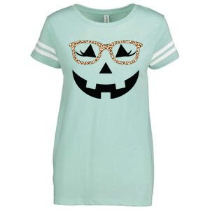 Jack O Lantern With Glasses Women Halloween Leopard Enza Ladies Jersey Football T-Shirt