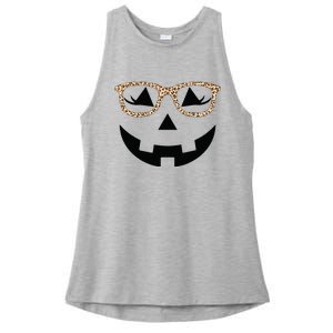 Jack O Lantern With Glasses Women Halloween Leopard Ladies PosiCharge Tri-Blend Wicking Tank