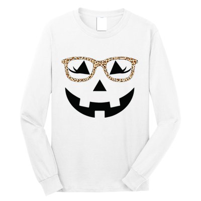Jack O Lantern With Glasses Women Halloween Leopard Long Sleeve Shirt