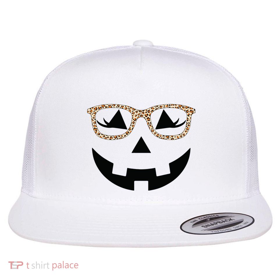 Jack O Lantern With Glasses Women Halloween Leopard Flatbill Hat