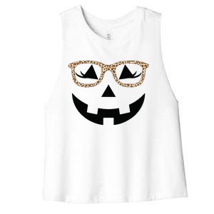 Jack O Lantern With Glasses Women Halloween Leopard Women's Racerback Cropped Tank