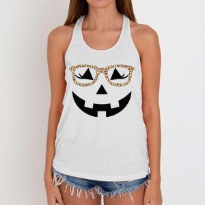 Jack O Lantern With Glasses Women Halloween Leopard Women's Knotted Racerback Tank