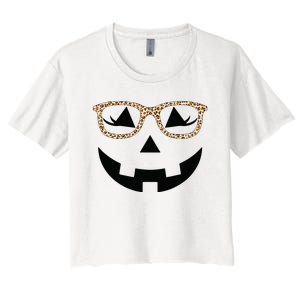 Jack O Lantern With Glasses Women Halloween Leopard Women's Crop Top Tee