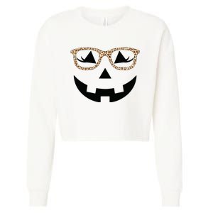 Jack O Lantern With Glasses Women Halloween Leopard Cropped Pullover Crew