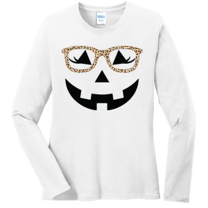 Jack O Lantern With Glasses Women Halloween Leopard Ladies Long Sleeve Shirt