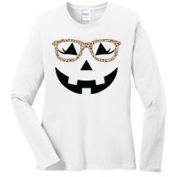 Jack O Lantern With Glasses Women Halloween Leopard Ladies Long Sleeve Shirt