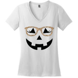 Jack O Lantern With Glasses Women Halloween Leopard Women's V-Neck T-Shirt