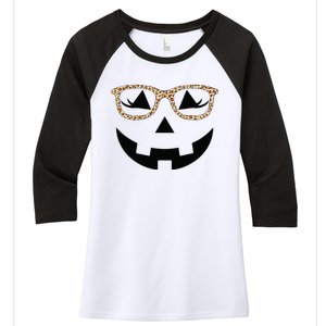 Jack O Lantern With Glasses Women Halloween Leopard Women's Tri-Blend 3/4-Sleeve Raglan Shirt